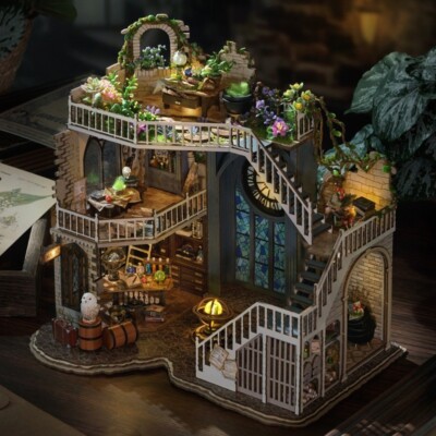 Handmade DIY Wizard Clock Tower Dollhouse Kit with LED Lights and