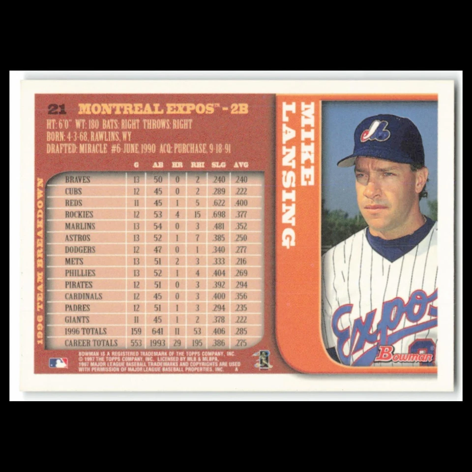 Tarjeta de béisbol Mike Lansing #21 1997 Bowman Montreal Expos MLB casi nueva Foto 2 de 3