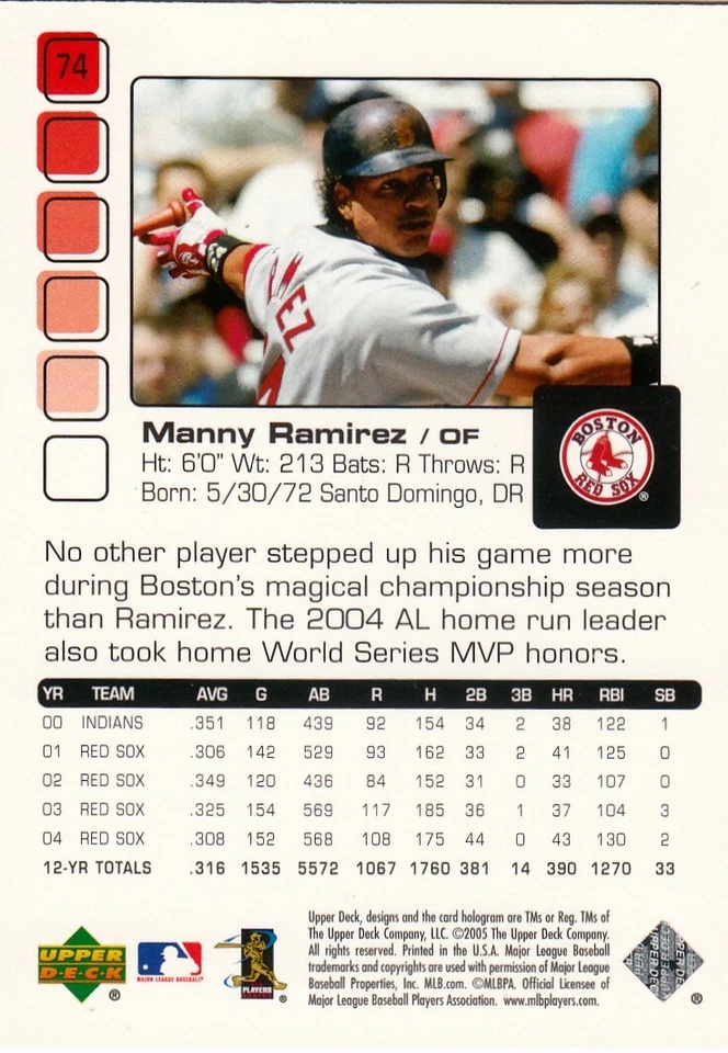 2005 Upper Deck Pros & Prospects - Manny Ramirez #74 - Red Sox- - Image 2 of 2