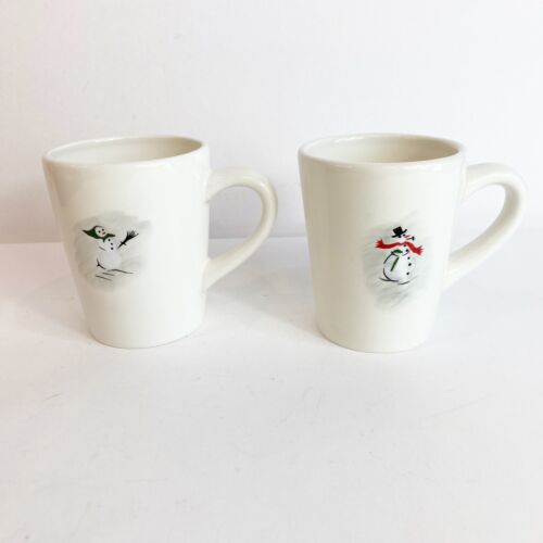Retired Williams Sonoma Snowman Skiing Mugs~Set of 2 Christmas Winter Holiday - Picture 1 of 10