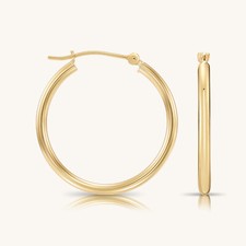 14K Solid Yellow Gold Round Hoop Earrings 2mm Tube Polished   12mm to 50mm Sizes