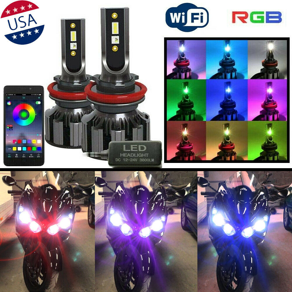 2X RGB H11 H9 LED Headlight Bulbs APP Control For Kawasaki Ninja