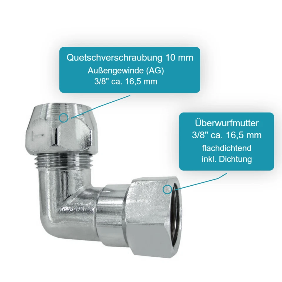 Winkel Verschraubung für Eckventil 3/8 Zoll x 10 mm Quetschverschraubung chrom - Bild 2 von 4