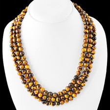 EXCELLENT 635.00 CTS NATURAL 3 LINE GOLDEN TIGER EYE ROUND BEADS NECKLACE DG 
