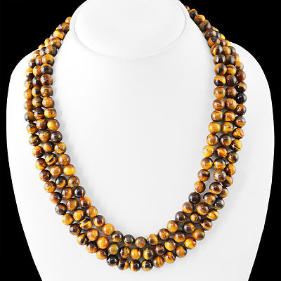 EXCELLENT 635.00 CTS NATURAL 3 LINE GOLDEN TIGER EYE ROUND BEADS NECKLACE (DG)