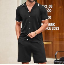 Men Summer Outfit 2-Piece Set Short Sleeve Shirt and Shorts Casual Knitted Set