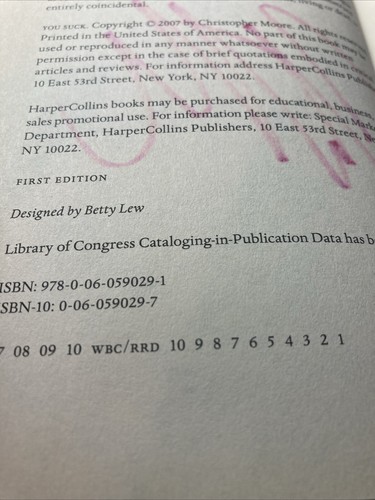 SIGNED: You Suck By Christopher Moore 1st Printing First Edition 2007 HC DJ @46 - 第 5/8 張圖片