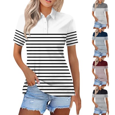 Women's Polo Shirts Casual Lapel Short Sleeve T Shirt Striped Basic Golf Shirt