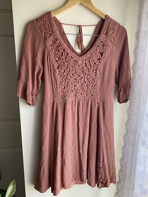 Maurices Dusty Rose Lace Mini 3/4 Ruffle Sleeve Dress Gauze Fit & Flare  Boho | eBay