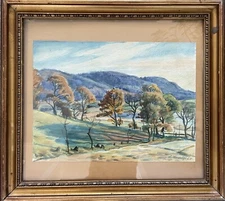 Impressionist Mountain Late Summer Landscape Trees Sky Watercolor 1920