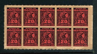 Pane of 10 Illinois State Revenue Cigarette Tax Stamps Red 20's MNH  w/Backing
