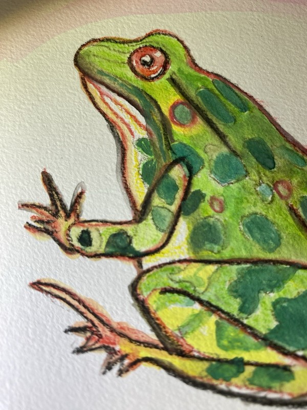 3.5”x8.5” Frog/Green On Pink, Mixed Media, Signed, Original, OOAK