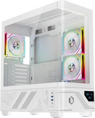 Mid-Tower Gaming Gehäuse Weiß USB-C + Digitaldisplay 3 ARGB Lüfter ATX