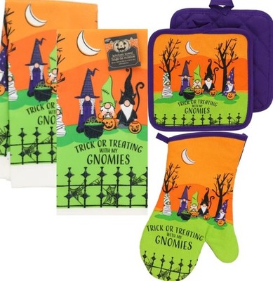 5 Piece Halloween Kitchen Linen Set Trick or Treating with My Gnomies, Purple, O