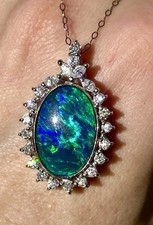 Platinum Pt 900 8ctw Natural Black Australian Opal And Diamonds Pendant Necklace