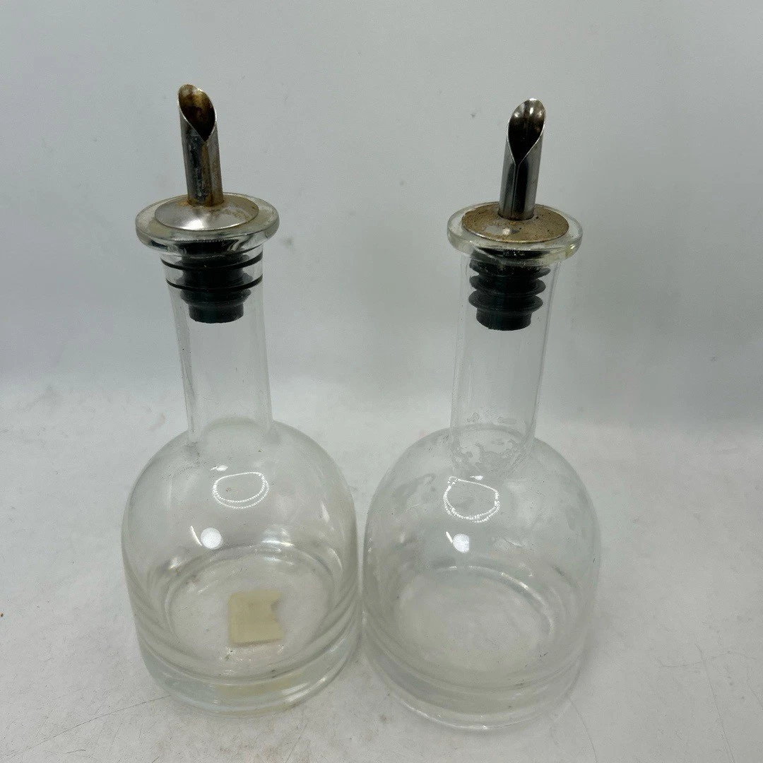 Clear Glass Oil Vinegar Dispenser Pair 8.5 Inch Tall Kitchen Dining Pour Spouts