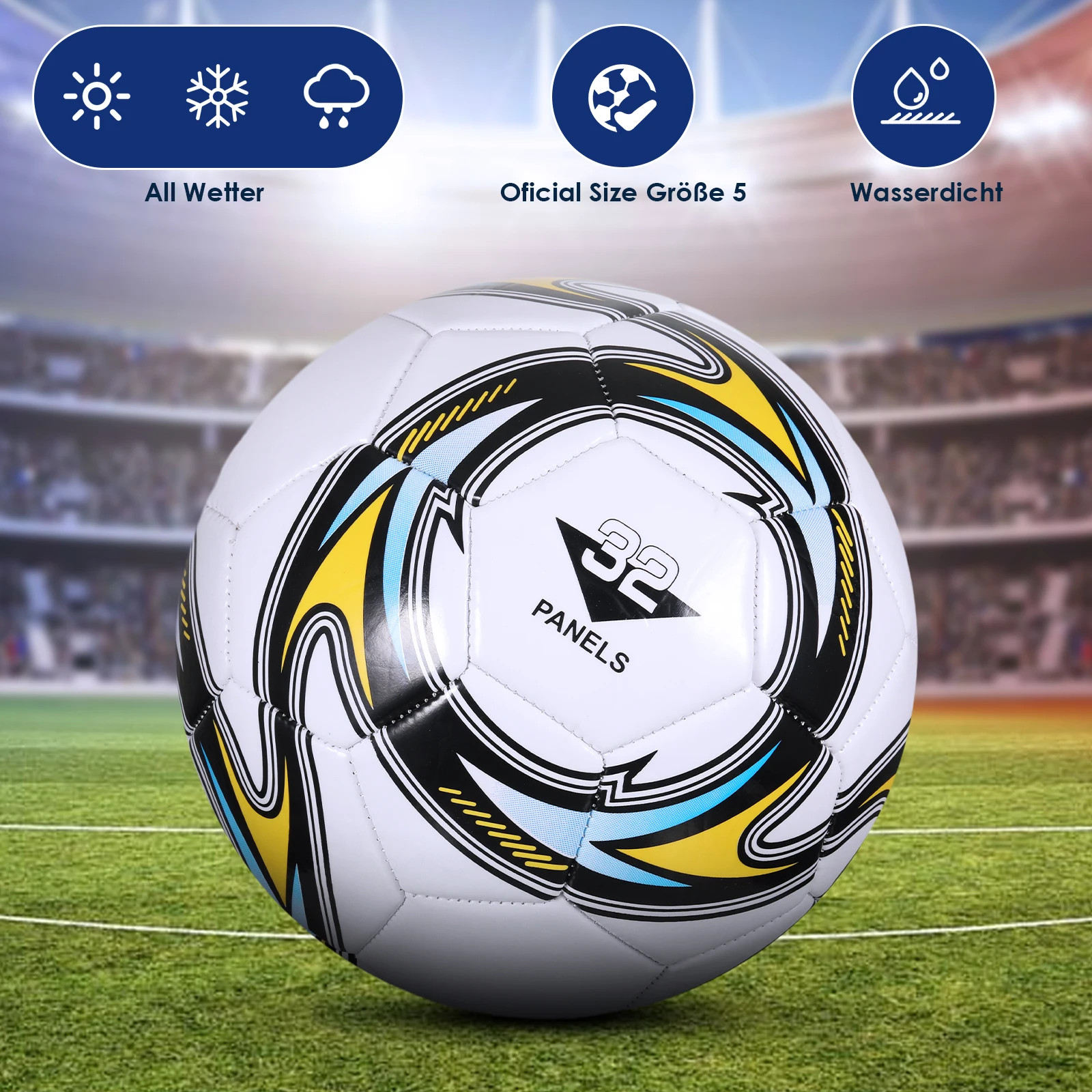 Ballon de football de taille 5 en PVC cousu machine blanc et bleu