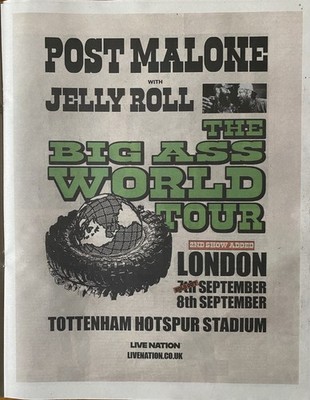 Post Malone Live 2025 Tour Dates Newspaper Advert Poster 14x11 ROLLED TUBE Rare
