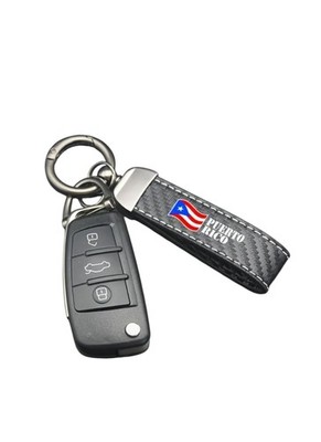 Puerto Rican Flag Keychain, Multiple Metal Rings, Key Fob, Black PU Leather, New