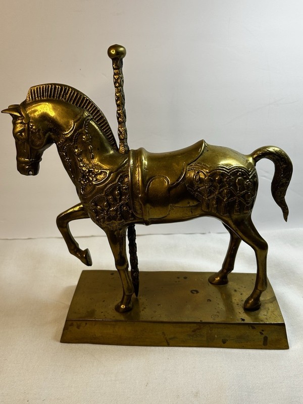 VTG Brass Carousel Horse On Brass Base 10.5”T 9” L 3.5” W