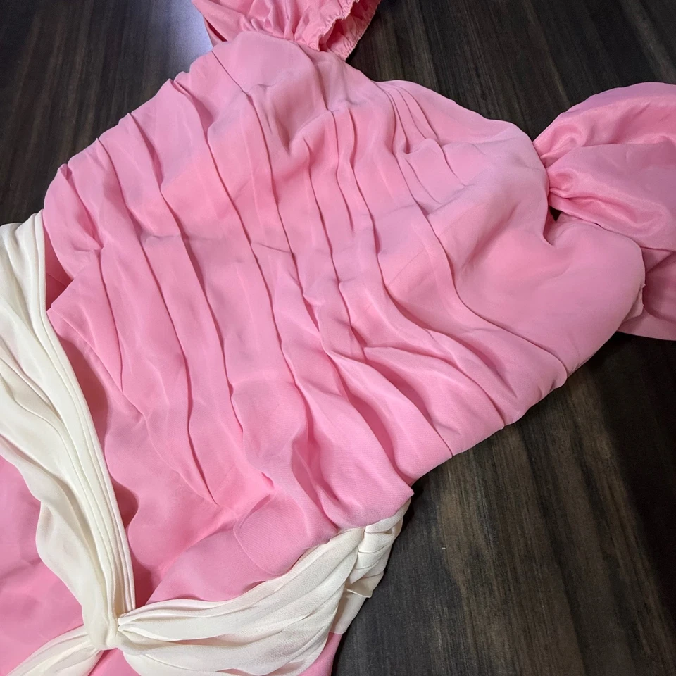 Pink Ruched Puff Sleeve Dress with Cream Sash Belt - Image 4 of 4