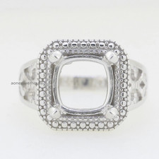 925 Sterling Silver Semi Mount Ring Setting Cushion 10x10mm Vintage Women Ring
