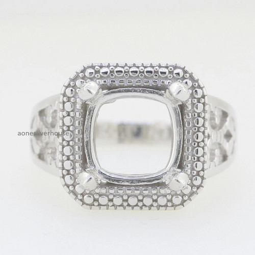 925 Sterling Silver Semi Mount Ring Setting Cushion 10x10mm Vintage Women Ring