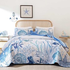 Coastal Quilts Queen Size 3 Piece, Reversible Microfiber Ocean Quilt with 2 S...
