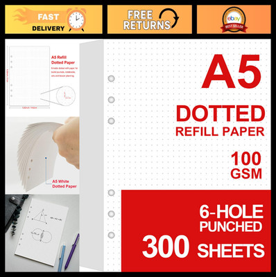 3 Pack A5 Dotted Paper Refills for Planners & Binders, 300 Sheets, 100gsm, 6 Hol