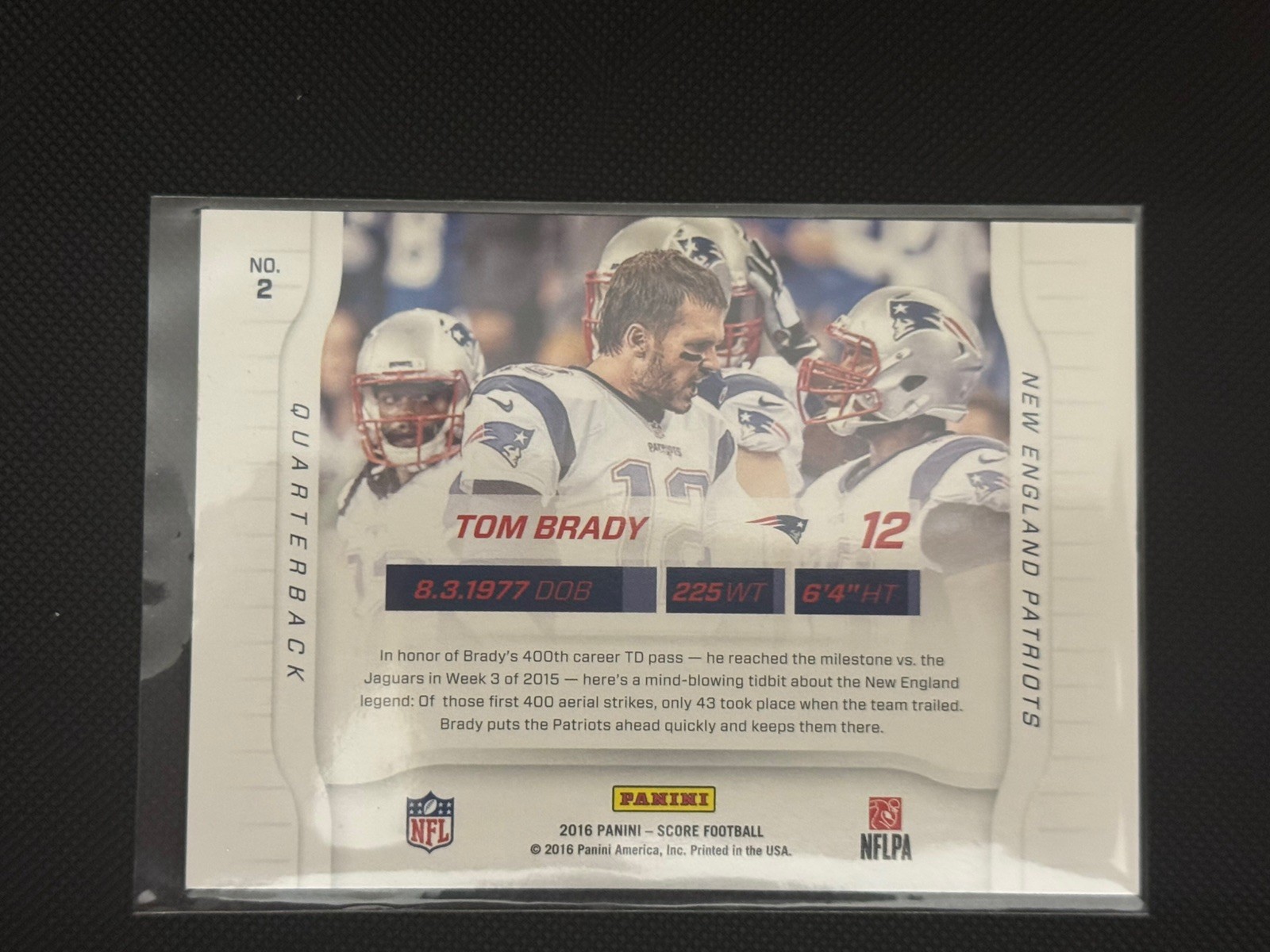 Tom Brady  Autograph 2016 Panini Score Sidelines Insert #2 Patriots Auto  view 2