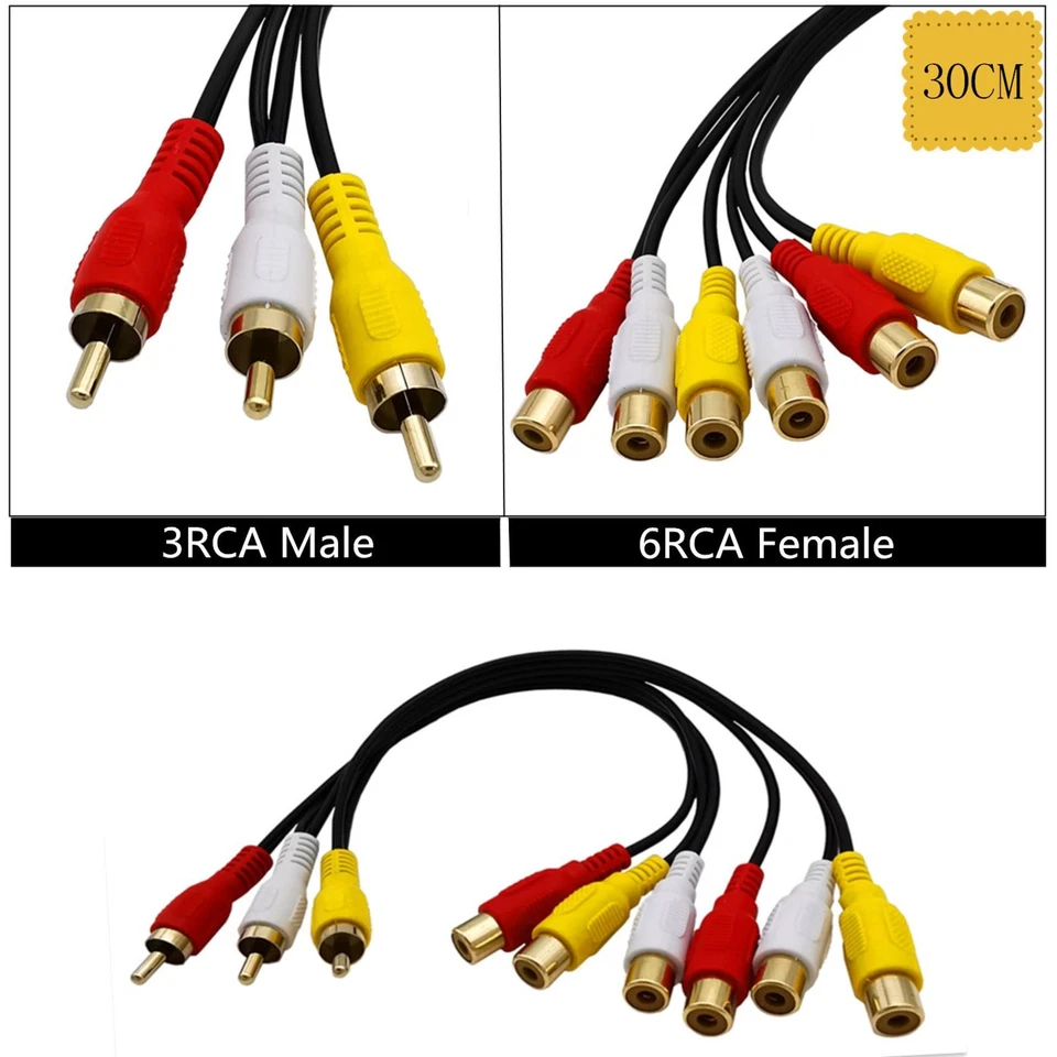 3 RCA Male Jack to 6 RCA Female Audio Video Av Adapter Cable For DVD CD Player Y - Image 4 of 4