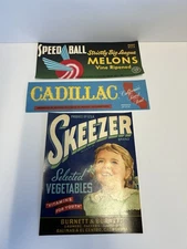 Vintage Lot Of 3 Skeezer Cadillac Speed Ball Produce Vegetable Fruit Crate Label