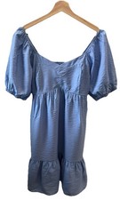 NINE WEST Sweetheart Babydoll Blue Mini Dress Puff Sleeve Size L