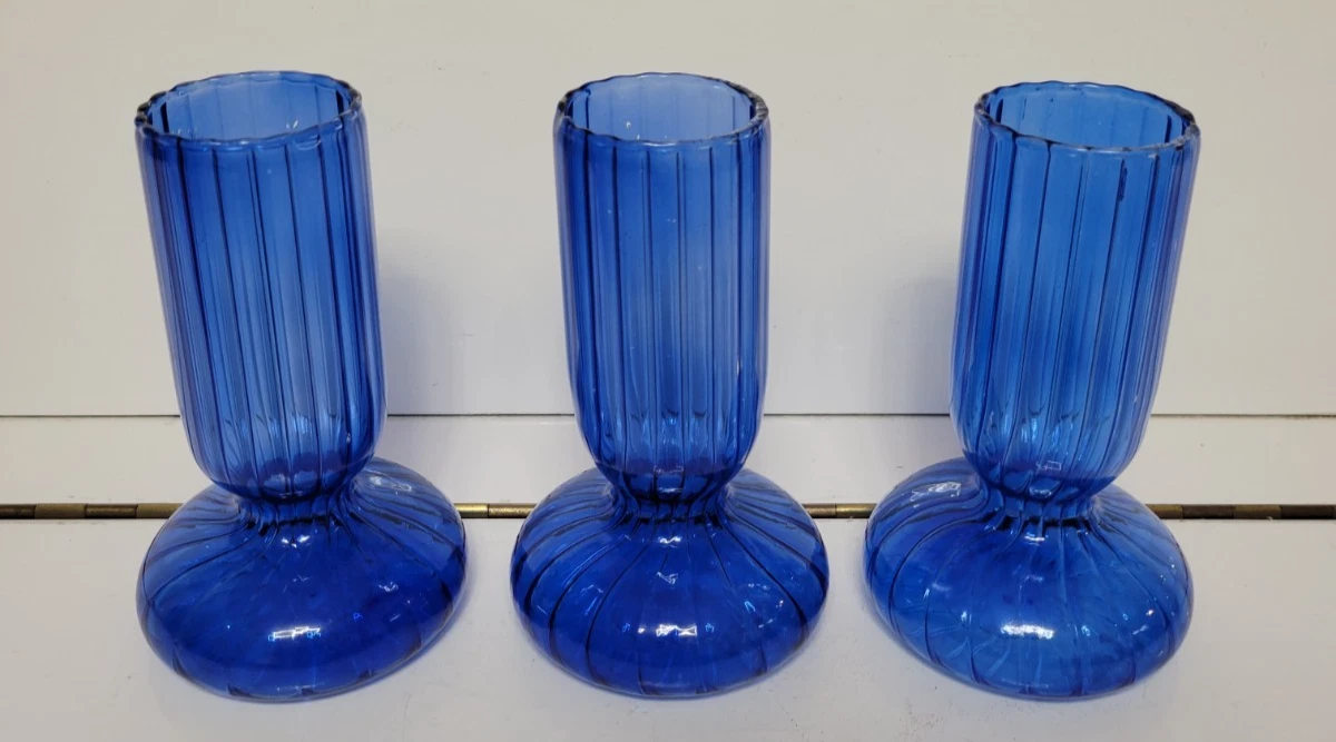 3 ASHLAND SPRING PRINTEMPS SAPPHIRE BLUE LONG NECK VASES 6.25 INCHES
