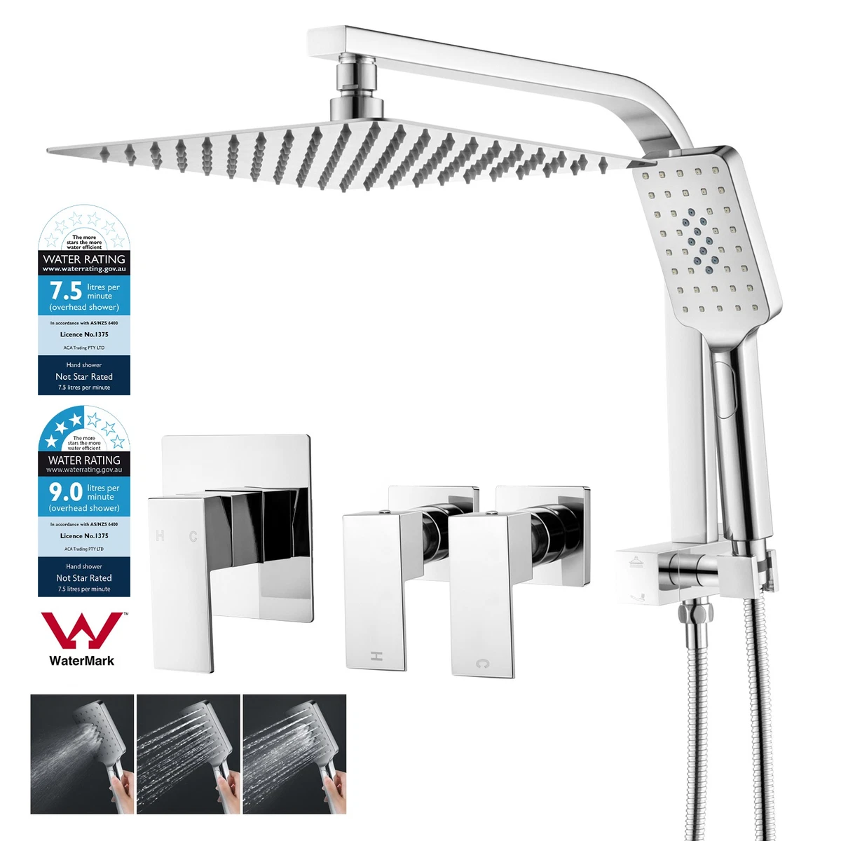 ACA Chrome 8/10/12" Square Rain Shower Head Set Handset Wall Arm Mixer/Taps
