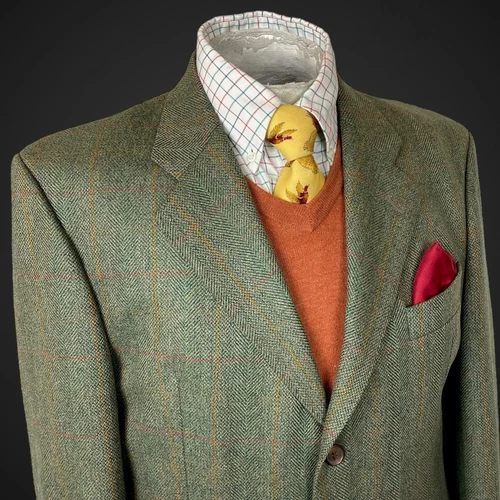 Blazer veste tweed homme Brook Taverner 40R Saxe suprême vert rouge laine à carreaux