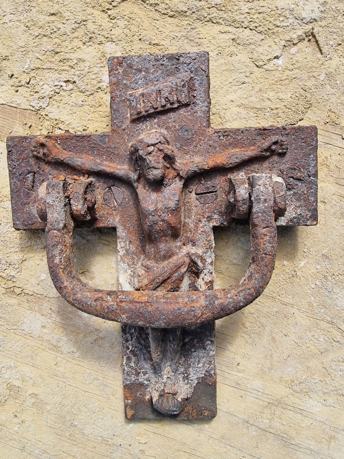 Vintage Cast Iron Crucifix Handle Old Rusty Coffin Religious Door Knocker
