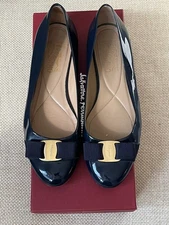 Salvatore Ferragamo Varina New Oxford Blue Bow Flats Shoes 8.5 B
