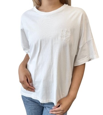 LOEWE Vintage Anagram Logo White T-shirt Top #XS Cotton Short Sleeve Asymmetry