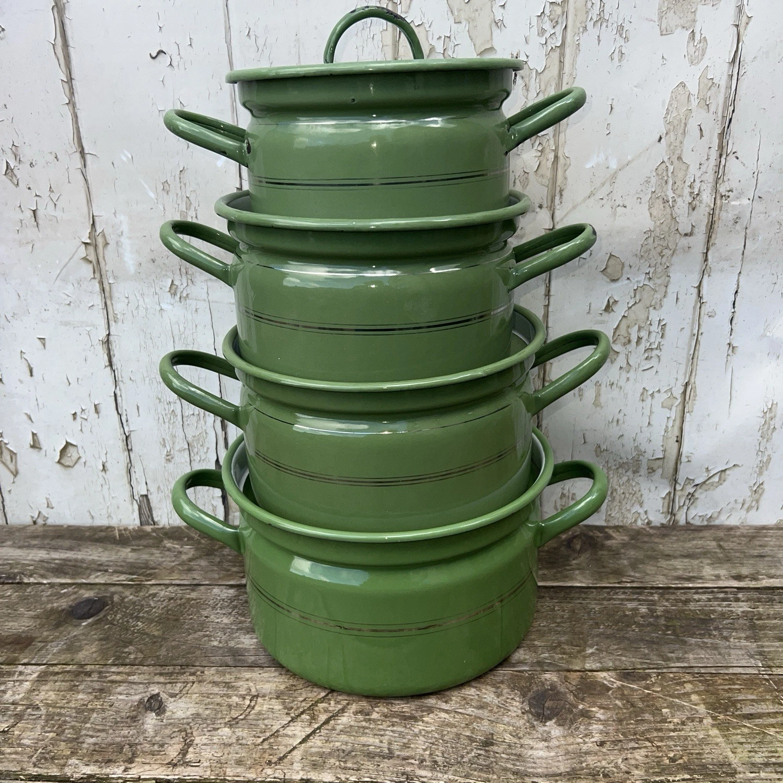 Vintage Dutch Green Enamel Cookware Set 4 Pans Lids Camping Kitchen Retro