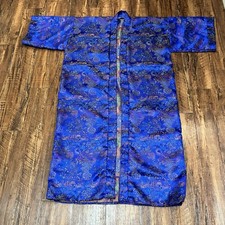 Vintage Blue Satin Pagoda Robe Kimono Style Scenic Landscape Dragon XL/2XL