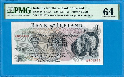 IRELAND - NORTHERN-1 POUND-SCARCE 1st ISSUE 1967-SIGN. GUTHRIE-P.56 *UNC PMG 64* - Picture 1 of 2