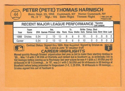 PETE HARNISCH ORIOLES CLASIFICADO NOVATO #44 sin punto inc - Donruss casi nuevo-como nuevo 1989 - Imagen 2 de 2