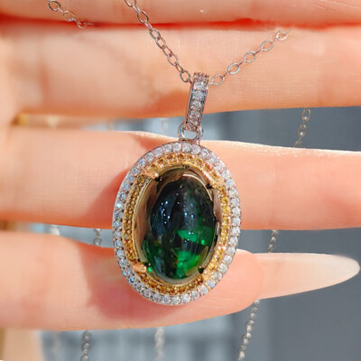 New 18mm Oval Hemisphere Green Citrine Gemstone Women Silver Necklace Pendant