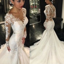 Mermaid Long Sleeves Wedding Dresses Bridal Sheer Scoop Neck Lace Beaded Gowns