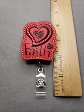New Retractable ID Badge Clip FAITH RED Religious Christian A49