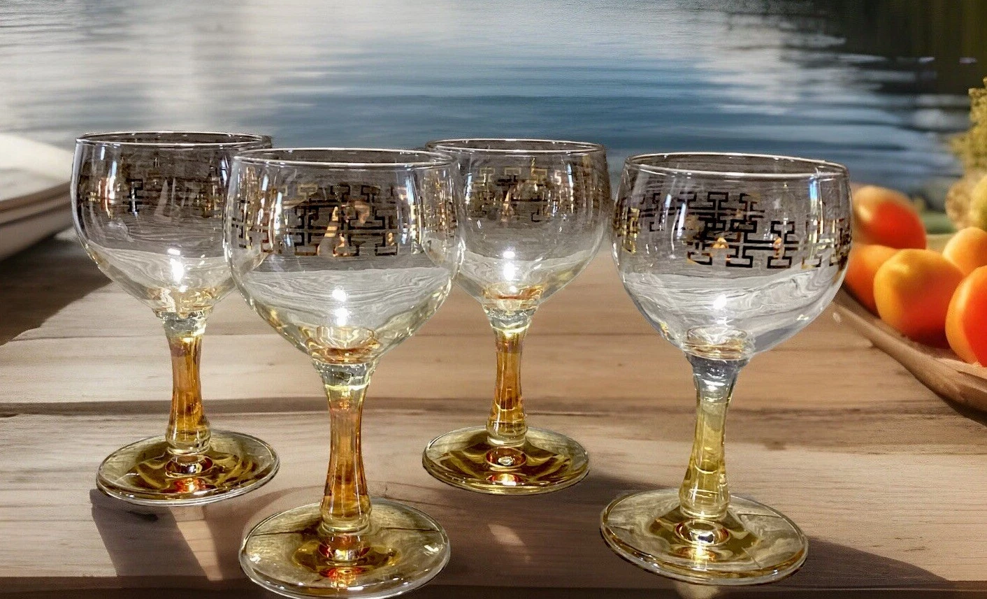 Wine Glasses Amber Stemmed Gold Pattern Vintage Crown Crystal Australia