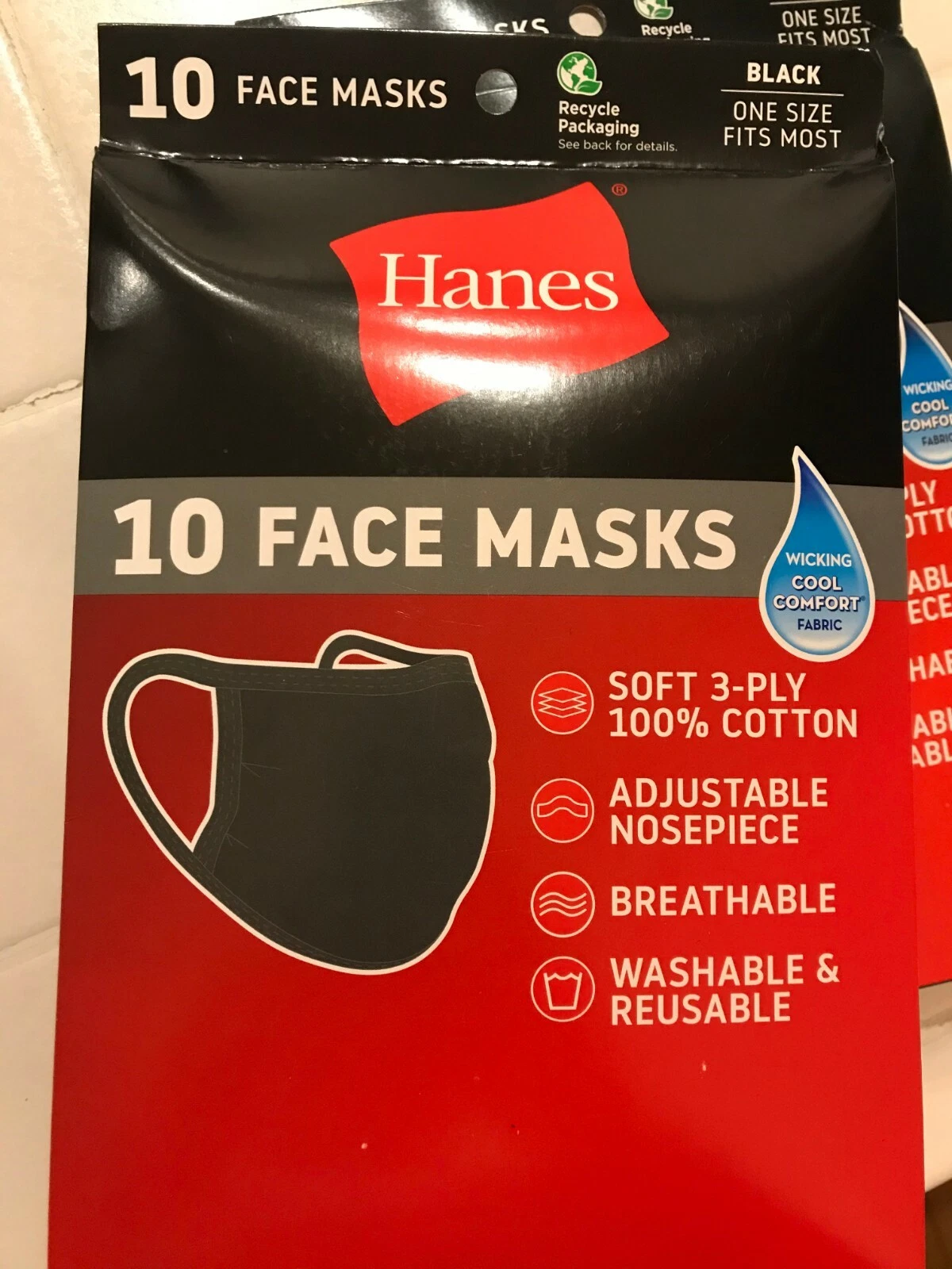 Hanes Face Mask Set of 10 Masks Cotton Washable Cover Black Value Pack NEW