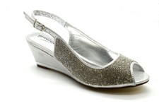 Womens Ladies Wedge Mid Heel Sling Back Wedding Dress Party Prom Diamante Sandal