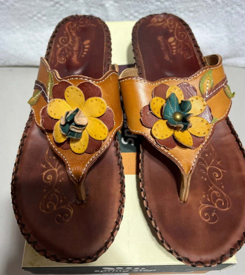 New Spring Step Linda Brown Leather Flower Thong Style Women Sandal 38 7.5 NIB - Image 2 of 4